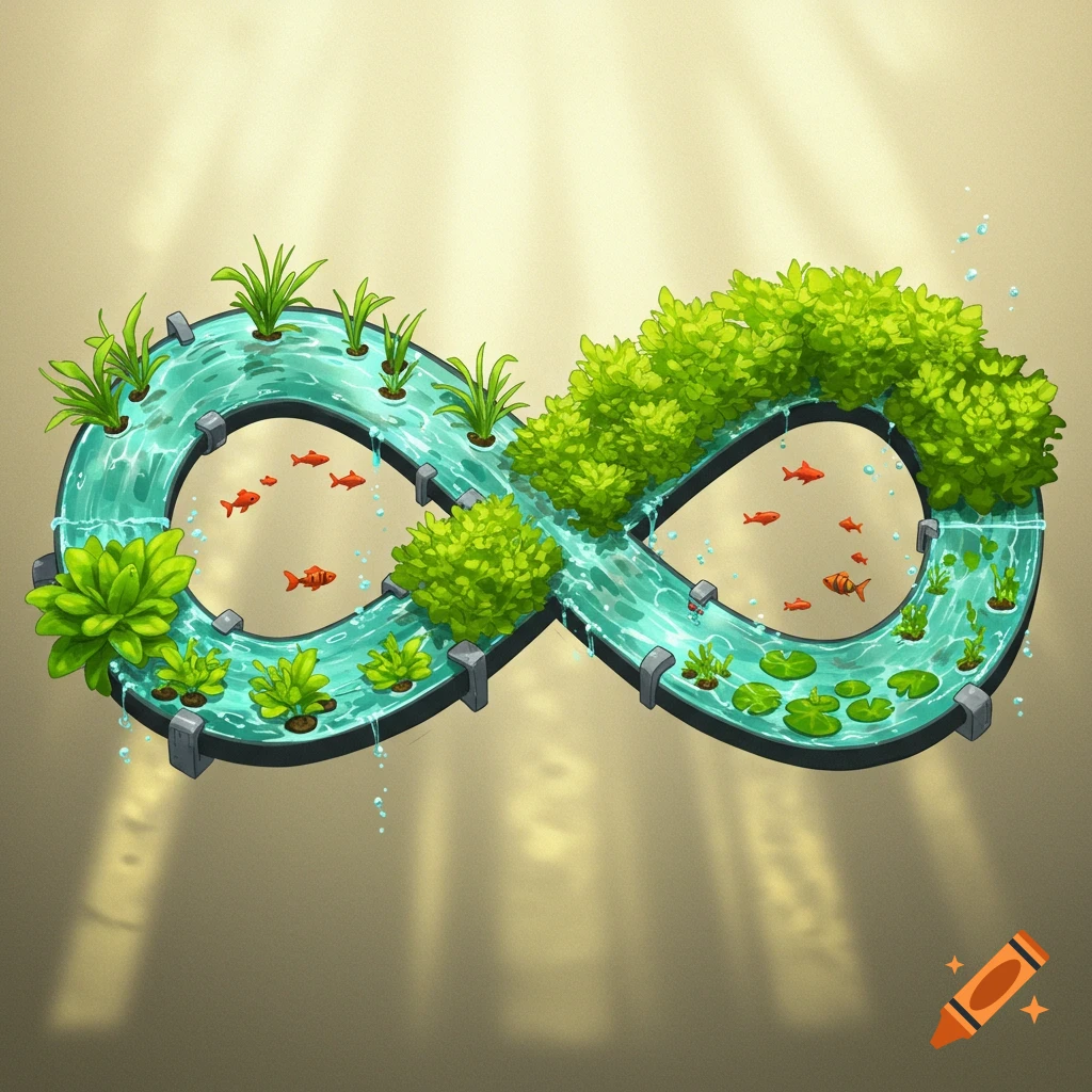 An aquaponic system shaped like an infinity symbol, featuring plants, water, and fish.