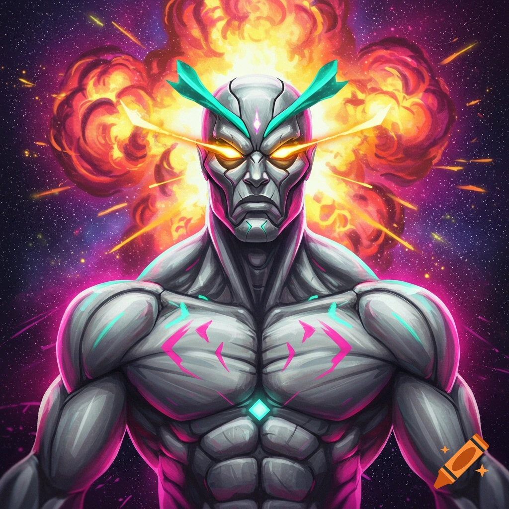 A silver superhero with glowing eyes against a space and explosion background.