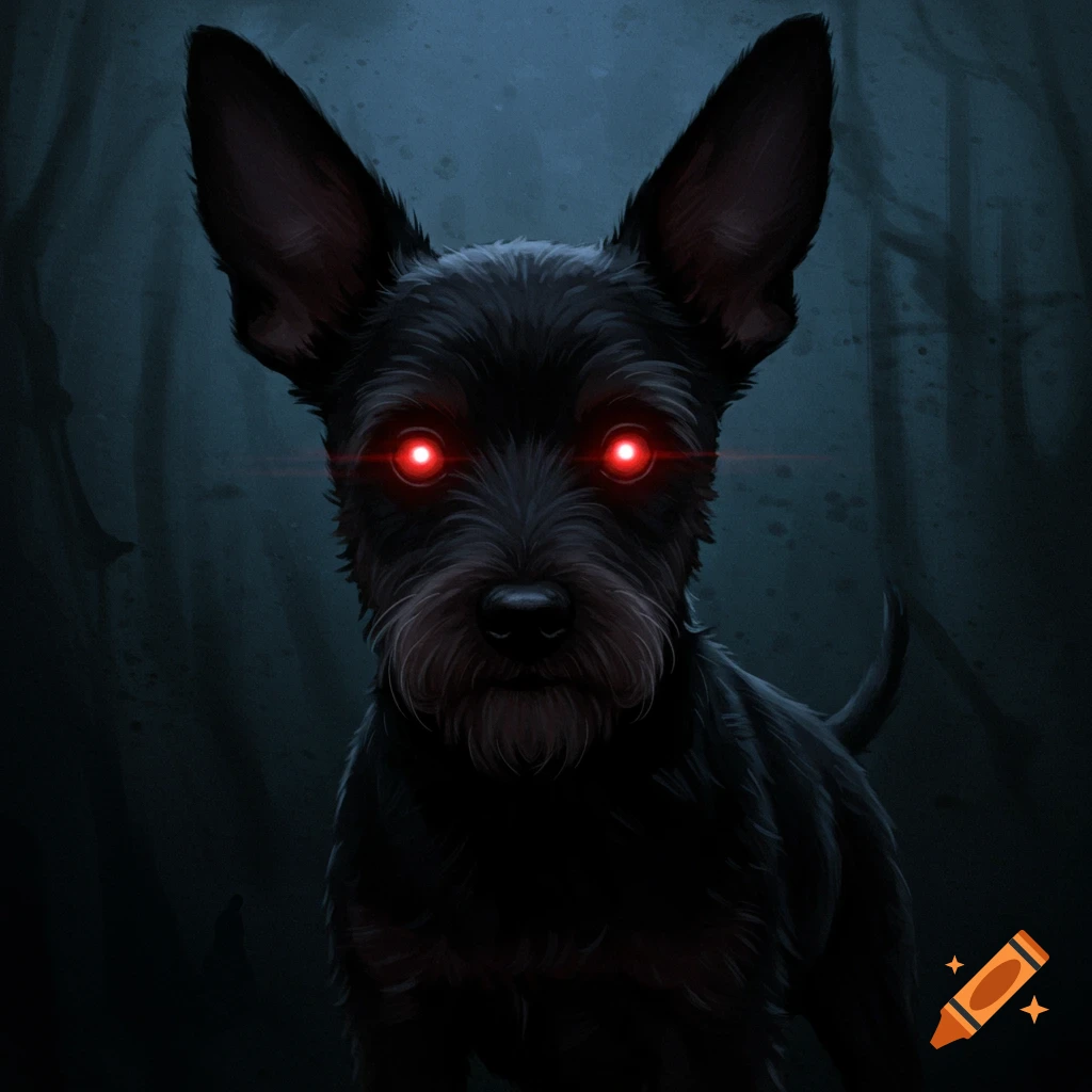 A black terrier-like dog with glowing red eyes is standing in a dark forest.