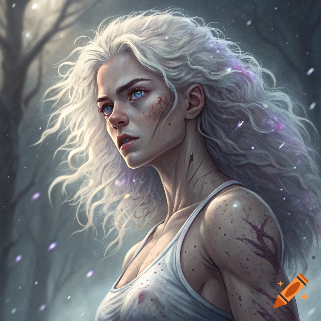 A portrait of a woman with white hair and blue eyes with scars in a snowy forest.