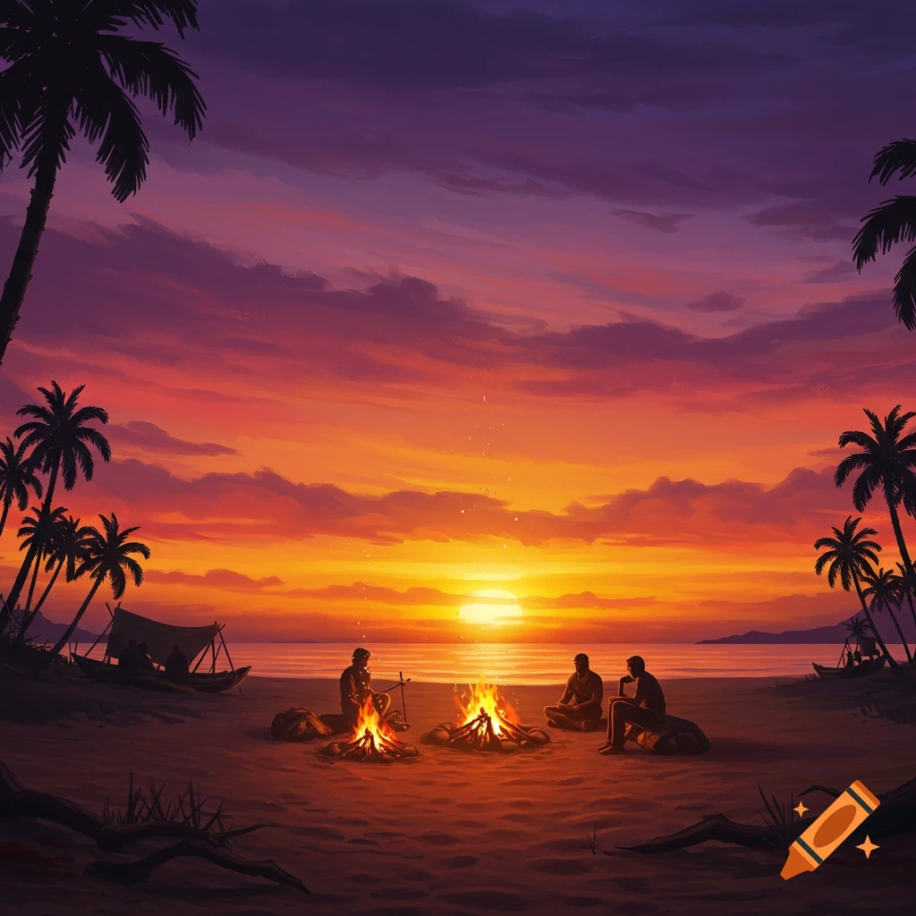 People sitting around campfires on a beach at sunset