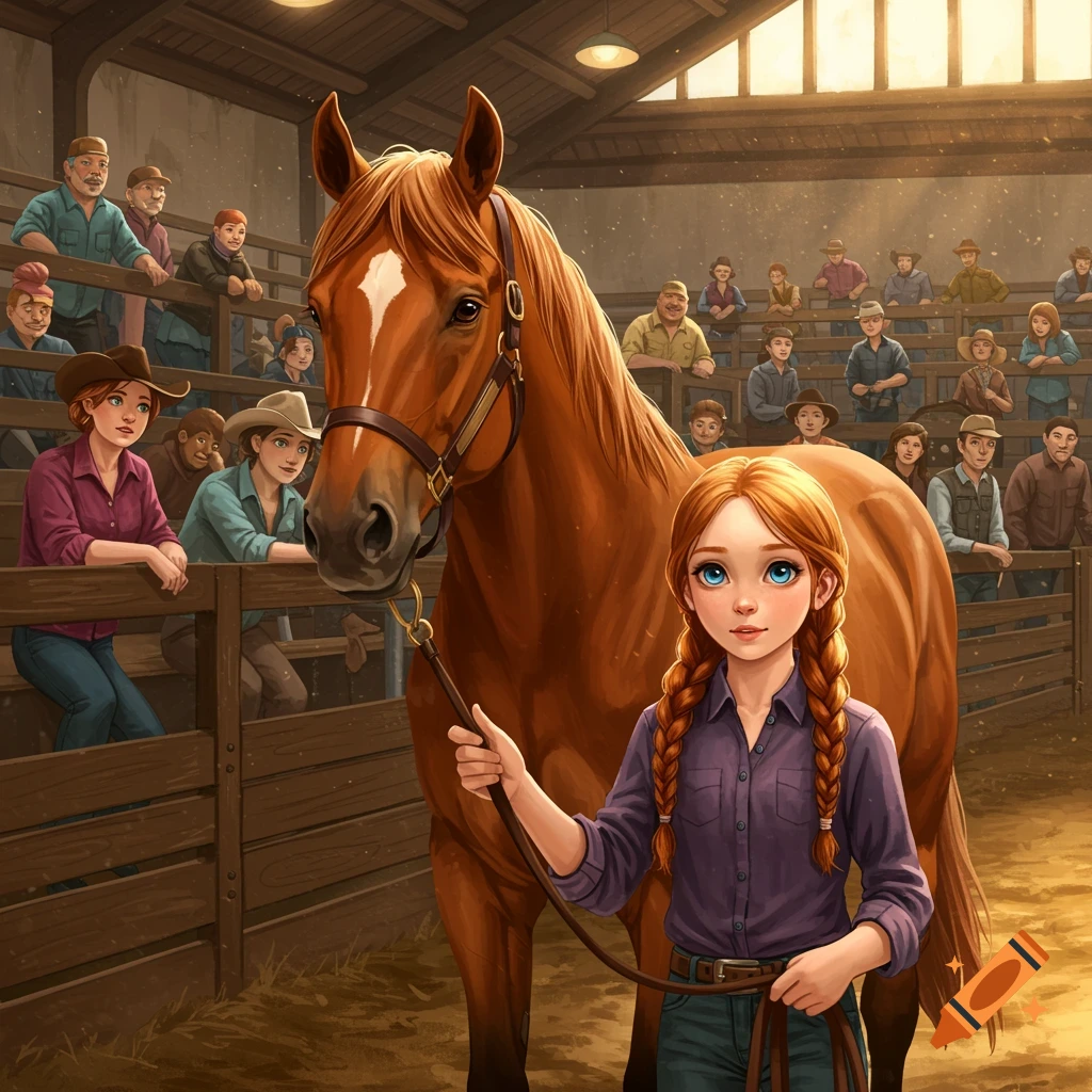 A girl and a chestnut horse are at a bustling auction barn, watched by a crowd.