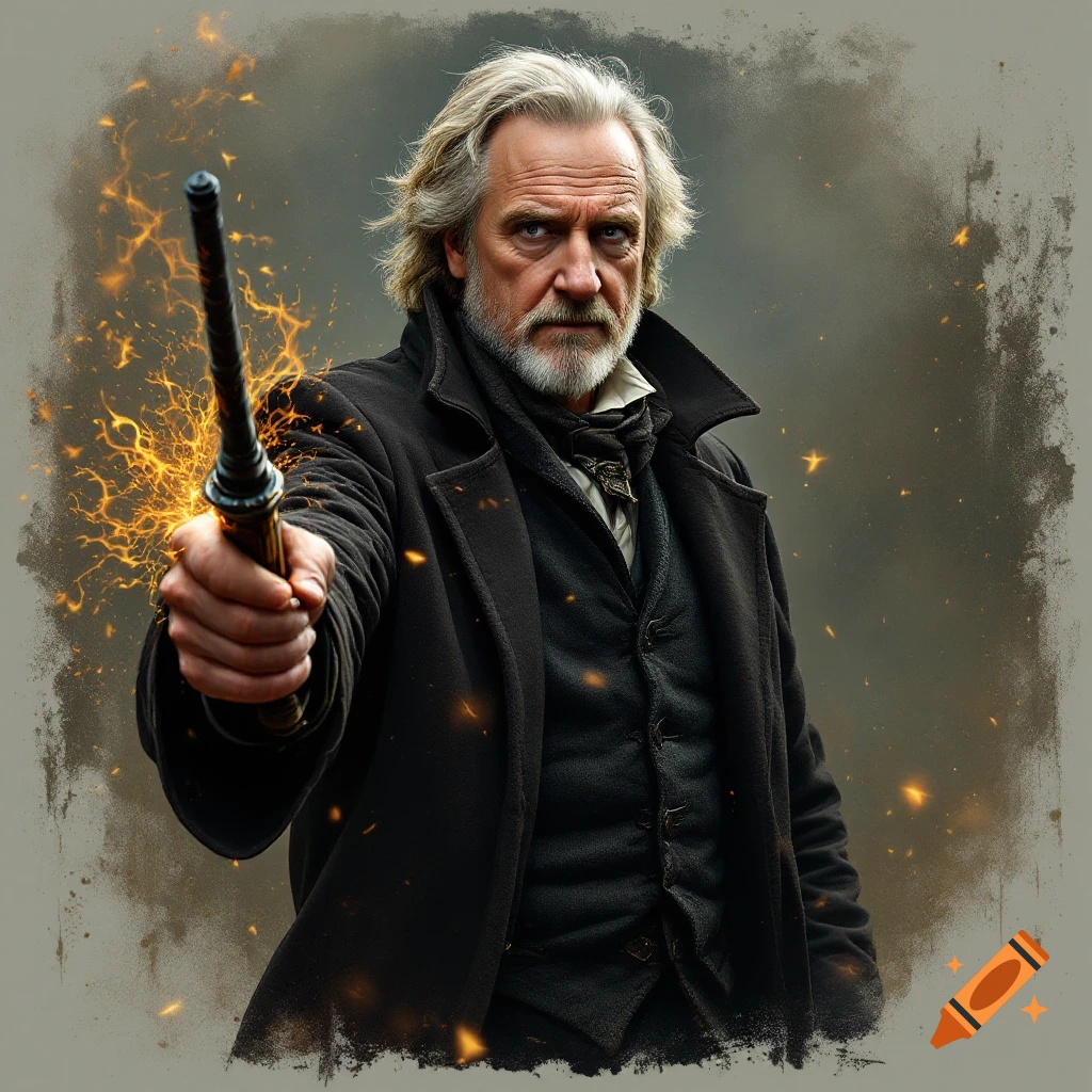 An older man with a beard in a dark coat holds a sparking wand.