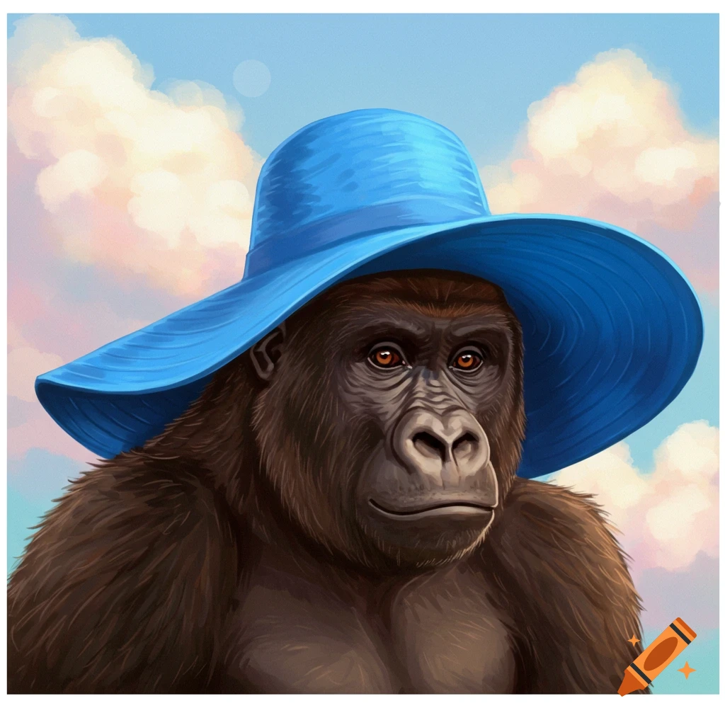 A gorilla wearing a wide-brimmed blue sunhat against a cloudy sky.