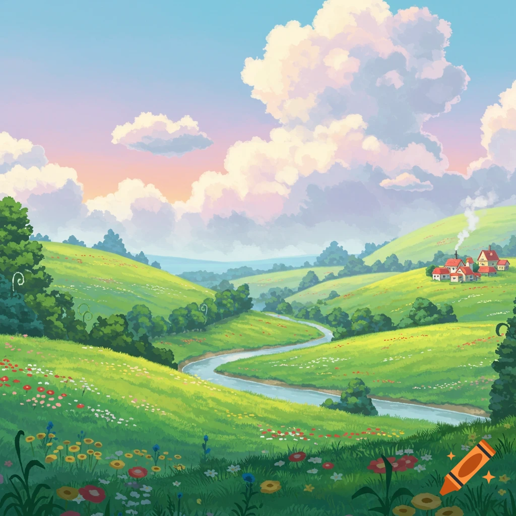 A lush green valley with a winding river, small village, and colorful flowers in Studio Ghibli style.