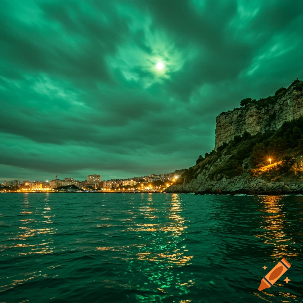 Night view from the water of a coastal city skyline, a cliff, and dramatic green clouds and moon.