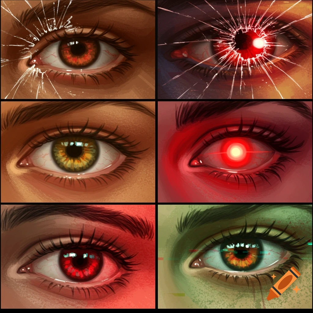 Grid of six close-ups of eyes with different colors and effects like broken glass and red glow.