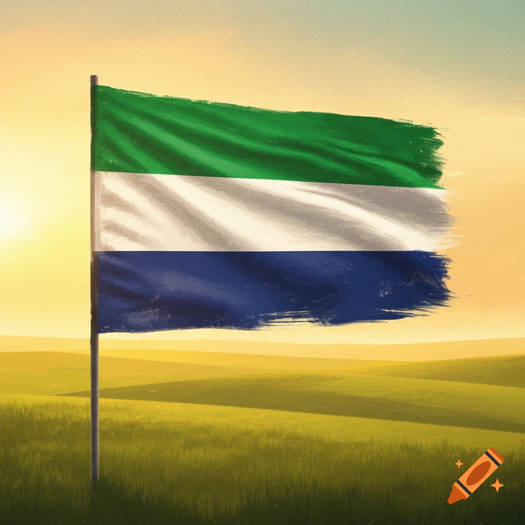 A flag with green, white, and blue stripes on a pole in a grassy field at sunset.