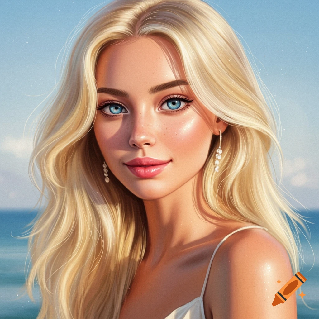 Portrait of a blonde woman with blue eyes against an ocean background.
