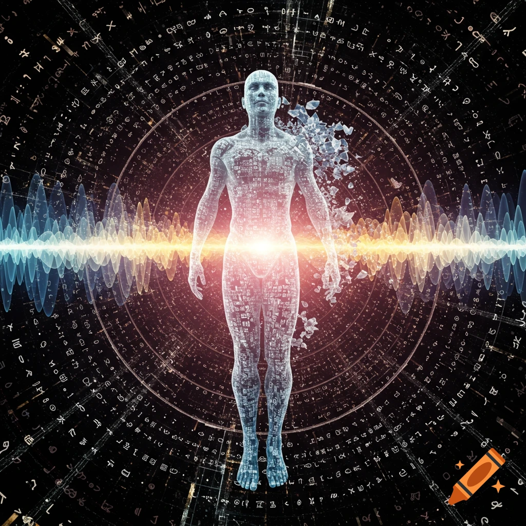 Digital figure made of code and light, with sound waves and abstract symbols in the background.