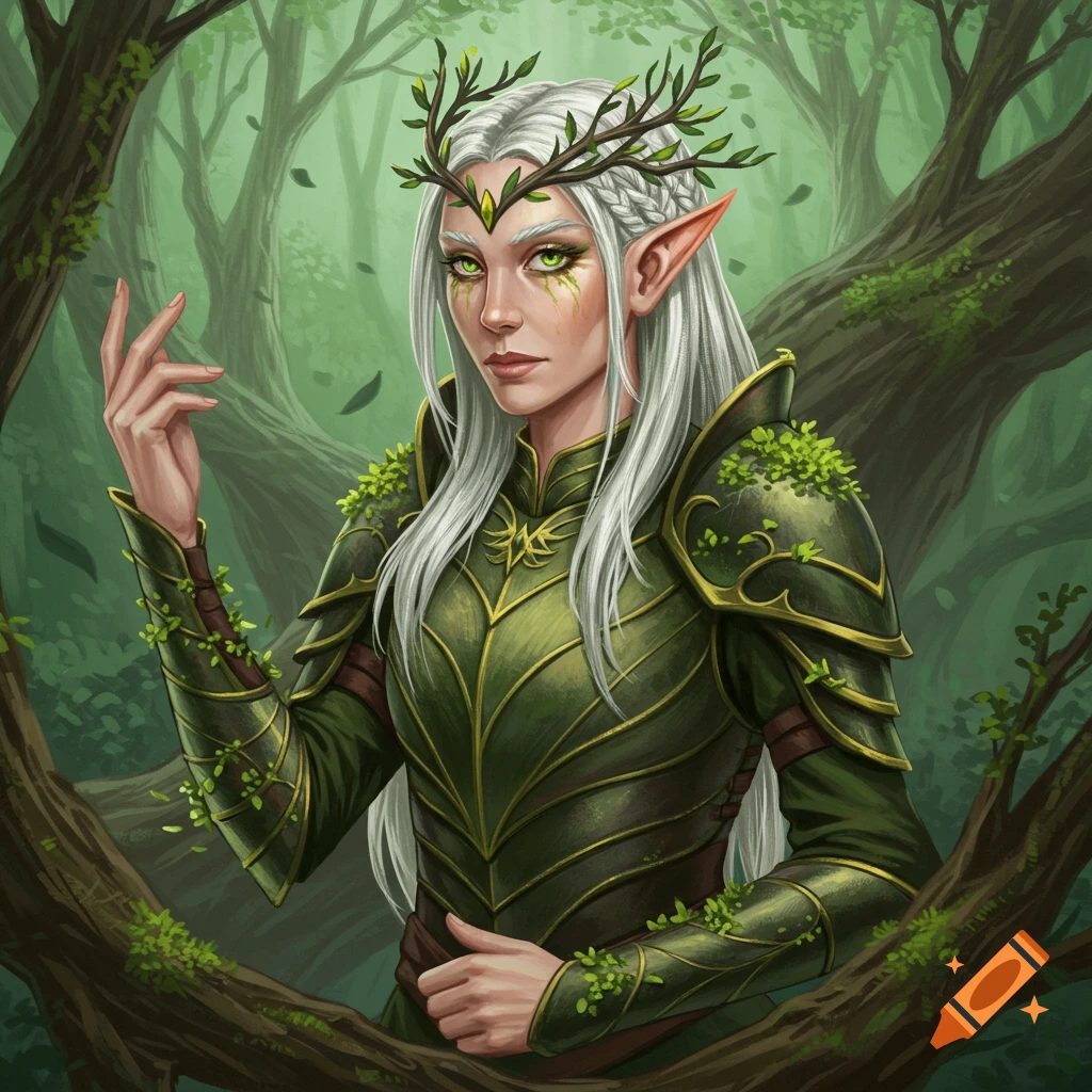 A female elf in green leaf armor and a branch crown stands in a forest.