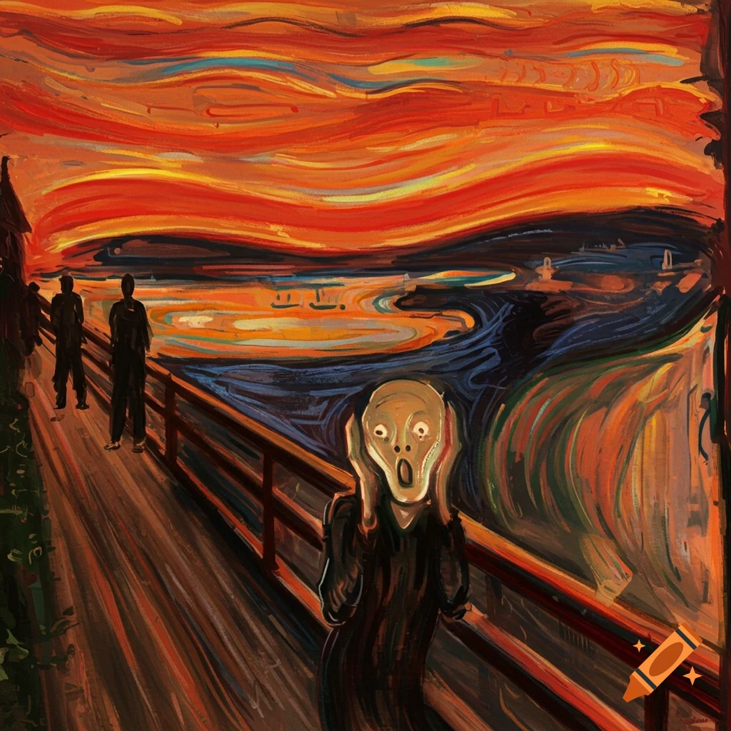 A figure on a bridge under an intense orange-red sky, mimicking the style of Edvard Munch's The Scream.