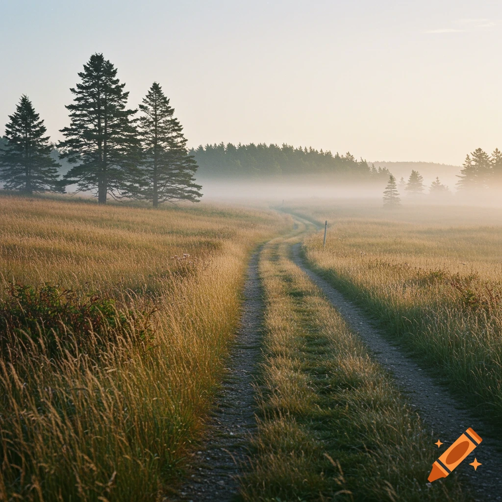 A dirt road winds through tall grass towards pine trees shrouded in mist during early morning.