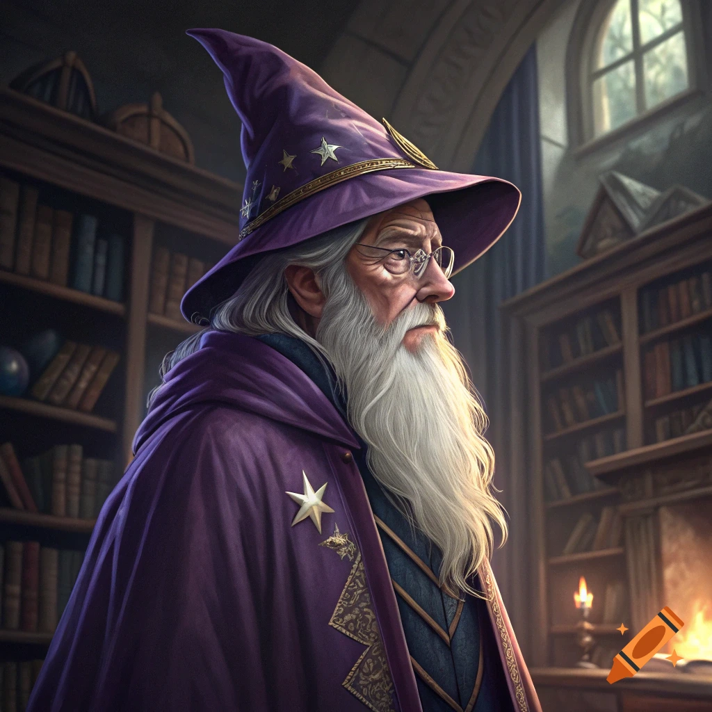 Portrait of an old wizard with a long beard wearing a purple robe and hat in a library