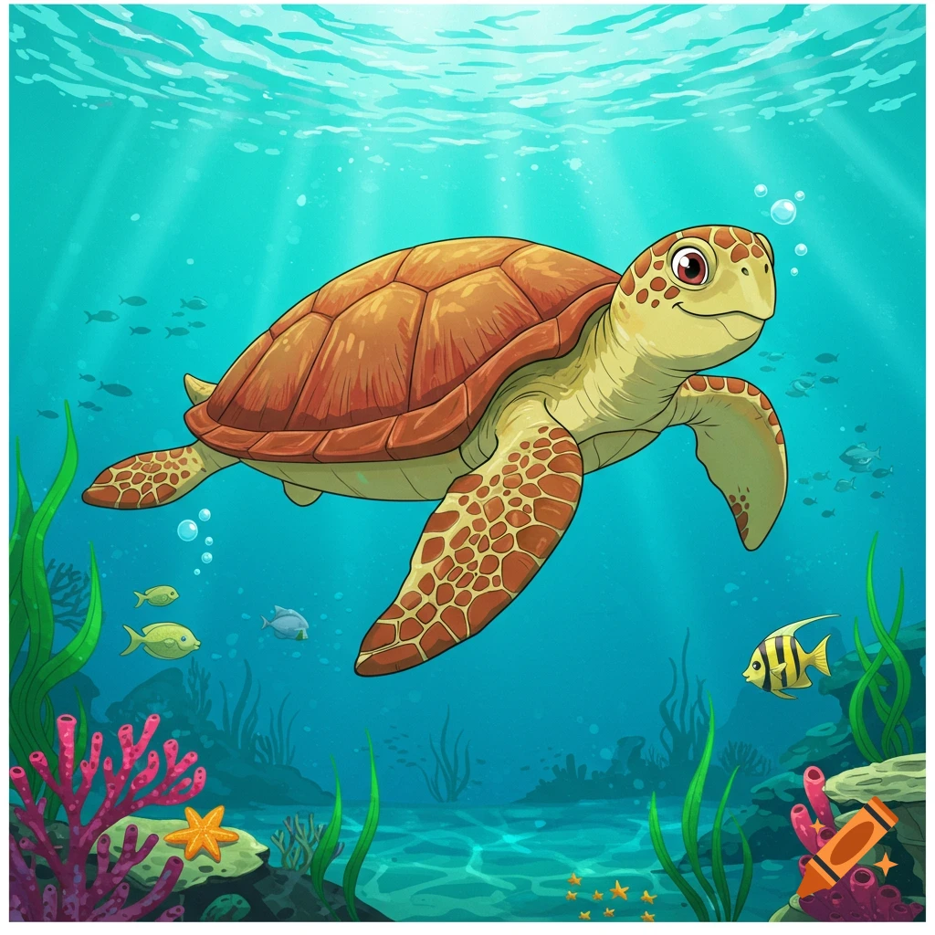 Cartoon turtle swimming in the ocean with fish and coral
