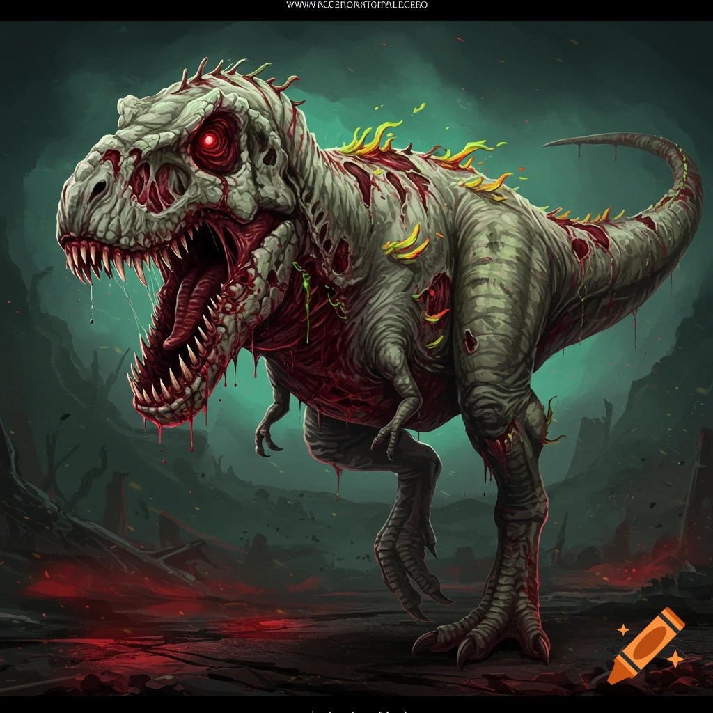 A zombie T-Rex with glowing red eyes and exposed flesh in a dark, eerie landscape.