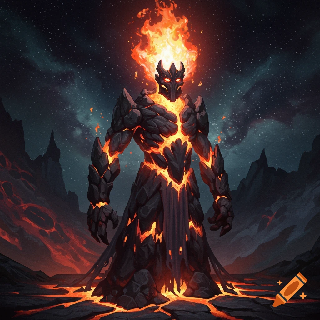 A tall creature made of lava and rocks with fire on its head, standing in a volcanic landscape under a starry sky.