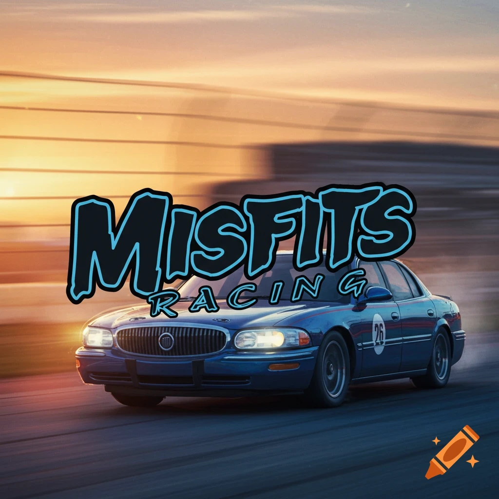 A blue car racing under a sunset with a Misfits Racing logo overlay.