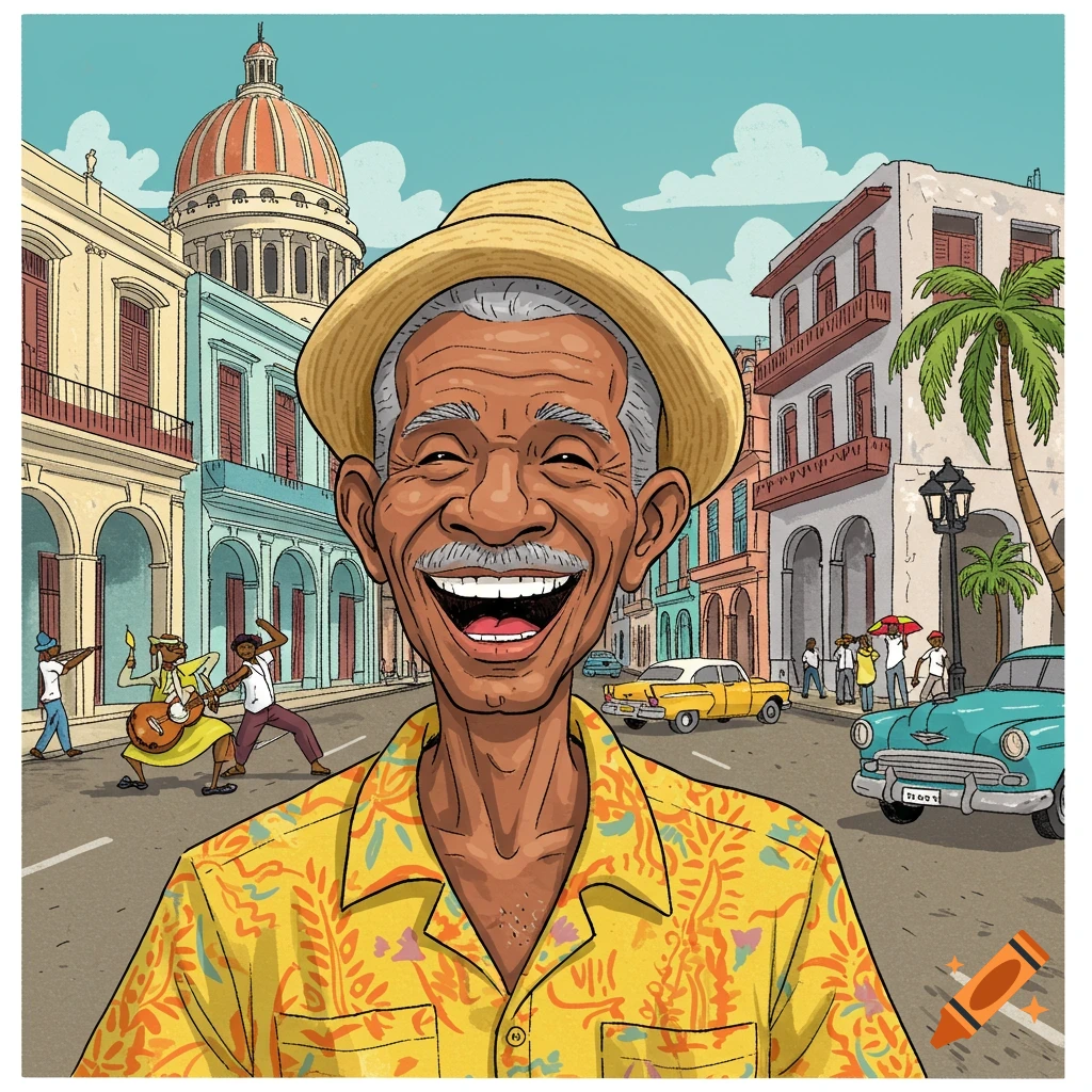 Cartoon of a smiling man in a straw hat and yellow shirt standing in a Havana street scene with old cars and buildings.