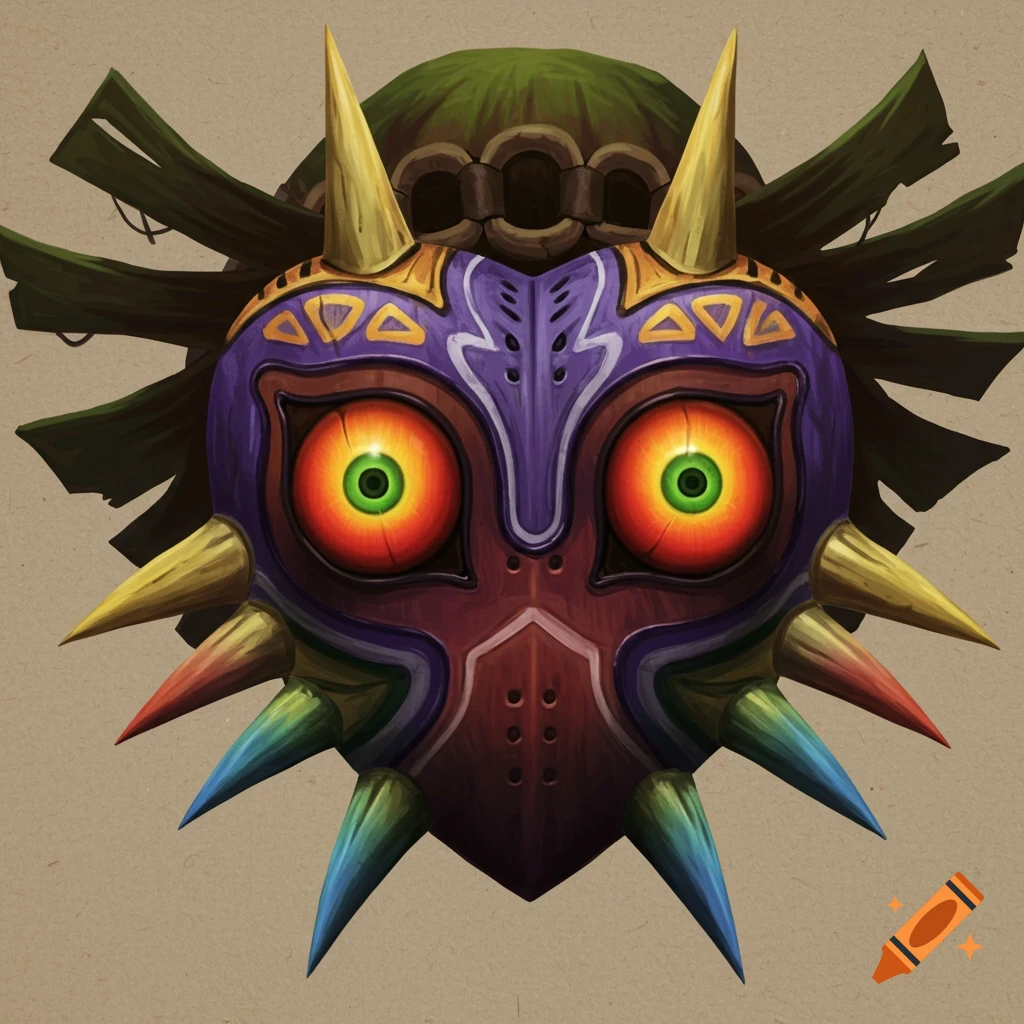 A colorful depiction of Majora's Mask from The Legend of Zelda, worn by ...