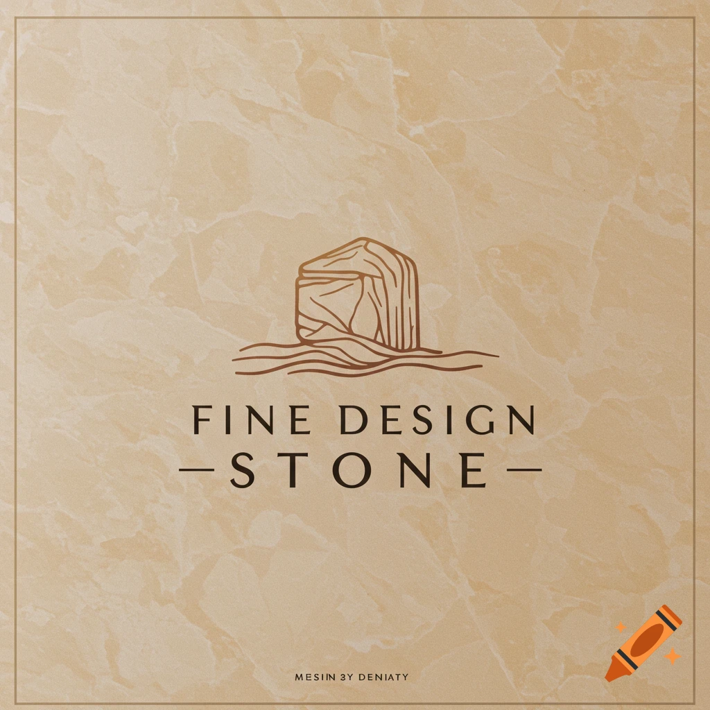 A brown line-art logo with a stylized stone and waves above the text 'FINE DESIGN - STONE -' on a marble background.