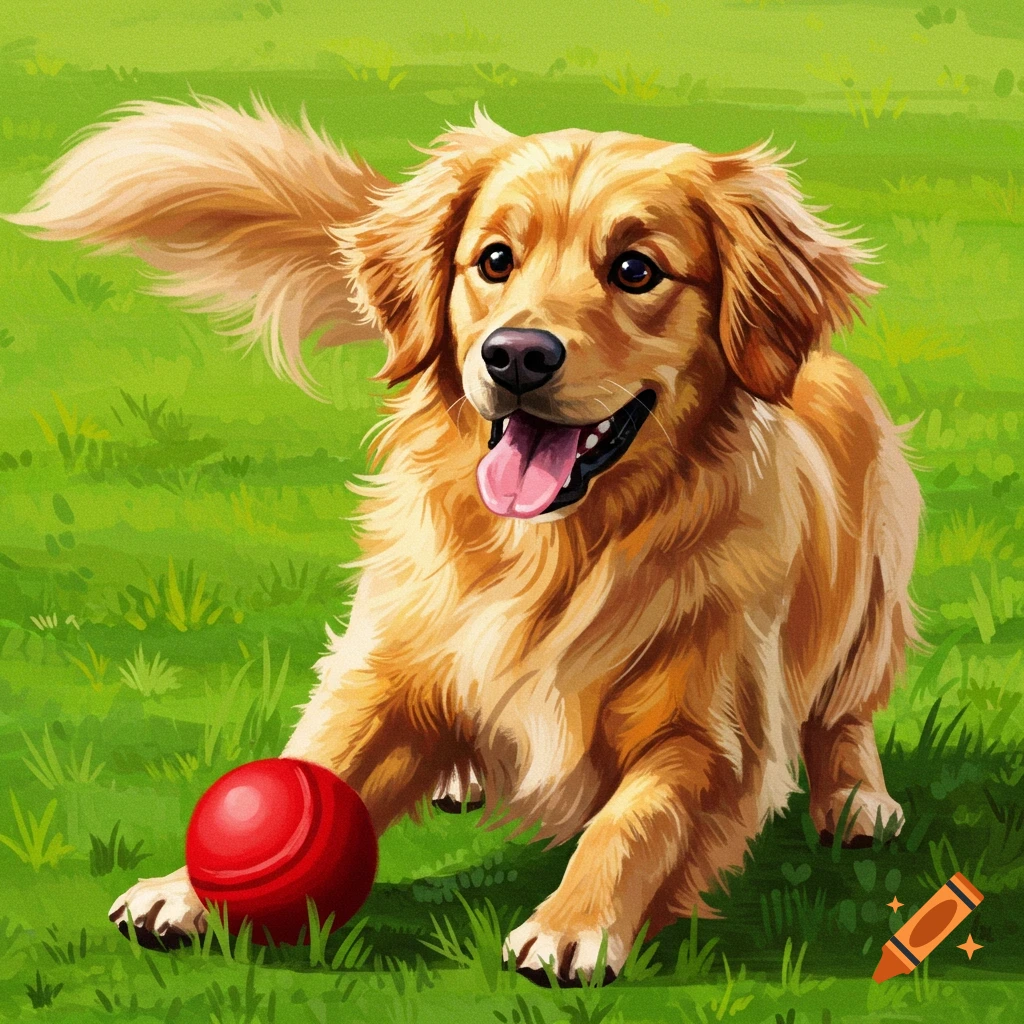 A golden retriever dog running and playing with a red ball in the grass.
