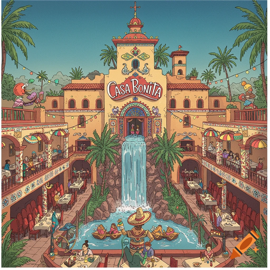 A vibrant, stylized illustration of a large multi-story Mexican restaurant with a waterfall, palm trees, and people dining. The sign reads 'Casa Bonita'.