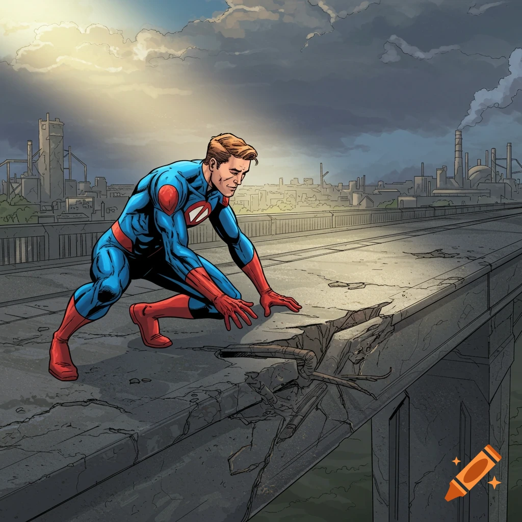 A superhero in a blue and red suit kneels on a cracked bridge overlooking an industrial city, comic book art.