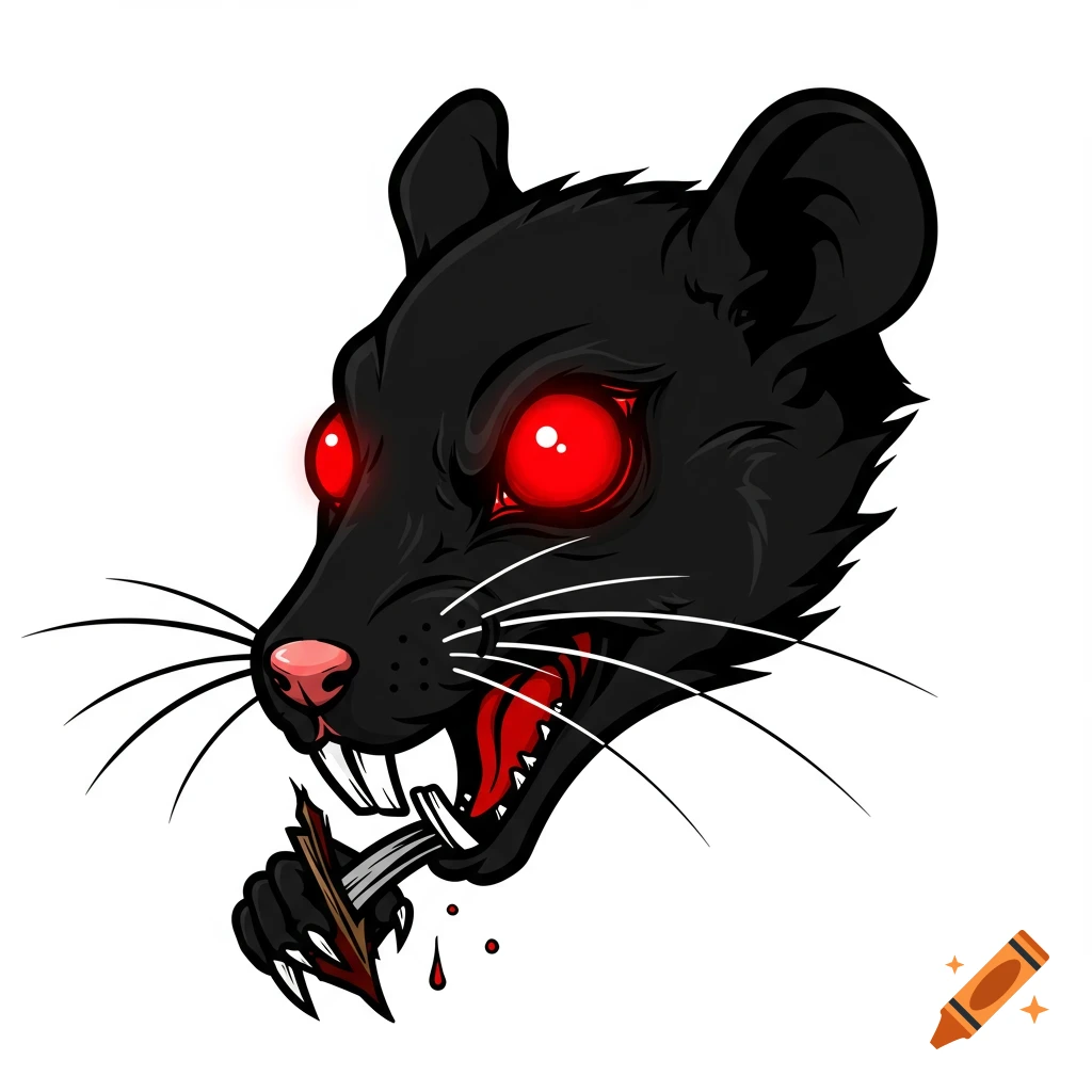 A black rodent vector illustration with red eyes, sharp teeth, blood, and holding a broken piece of wood
