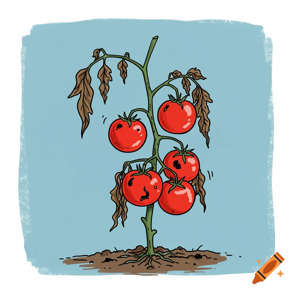 Cartoon illustration of a dead tomato plant with wilting leaves and spotted red tomatoes.
