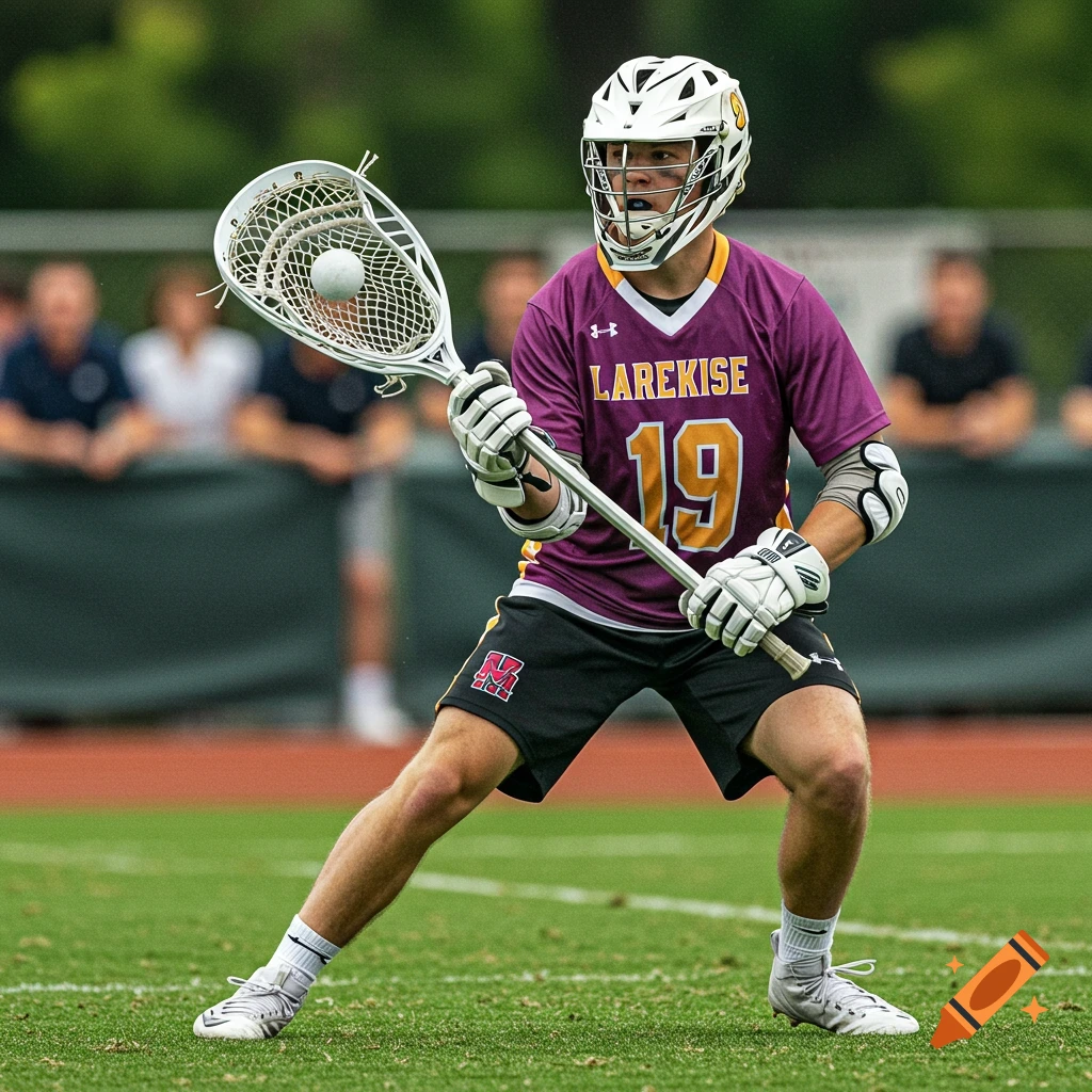 Photorealistic male lacrosse player in a purple jersey holding a stick on a field.