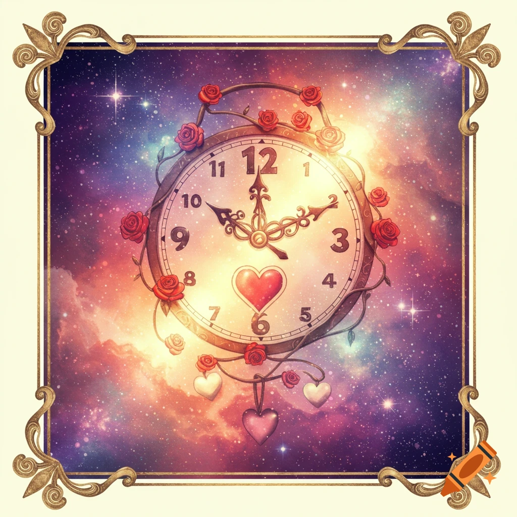 A clock with roses and hearts against a colorful space background with a gold frame.