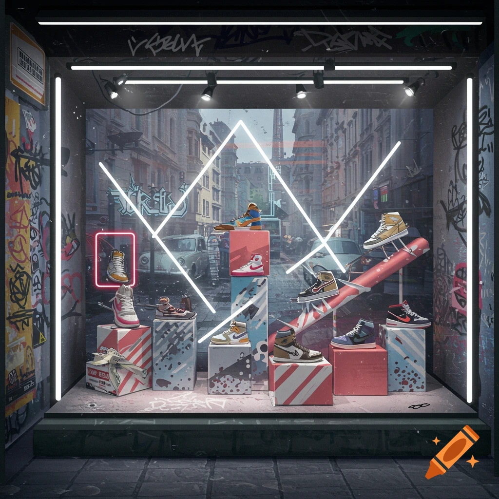 A shoe store window display features sneakers in an urban setting with graffiti and neon lights.