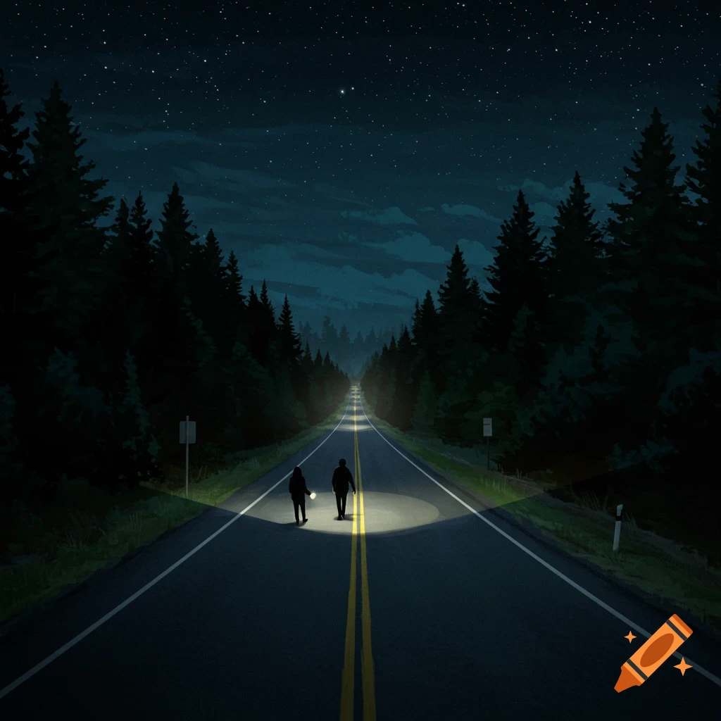 Two people are walking with flashlights on a long, dark road through a forest at night under a starry sky.