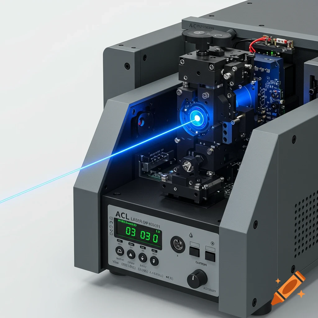 A detailed, photorealistic image of a complex laser system with internal components visible and a bright blue laser beam.