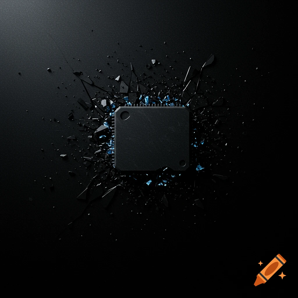 A black computer chip shattering on a dark background, with blue light and broken pieces.