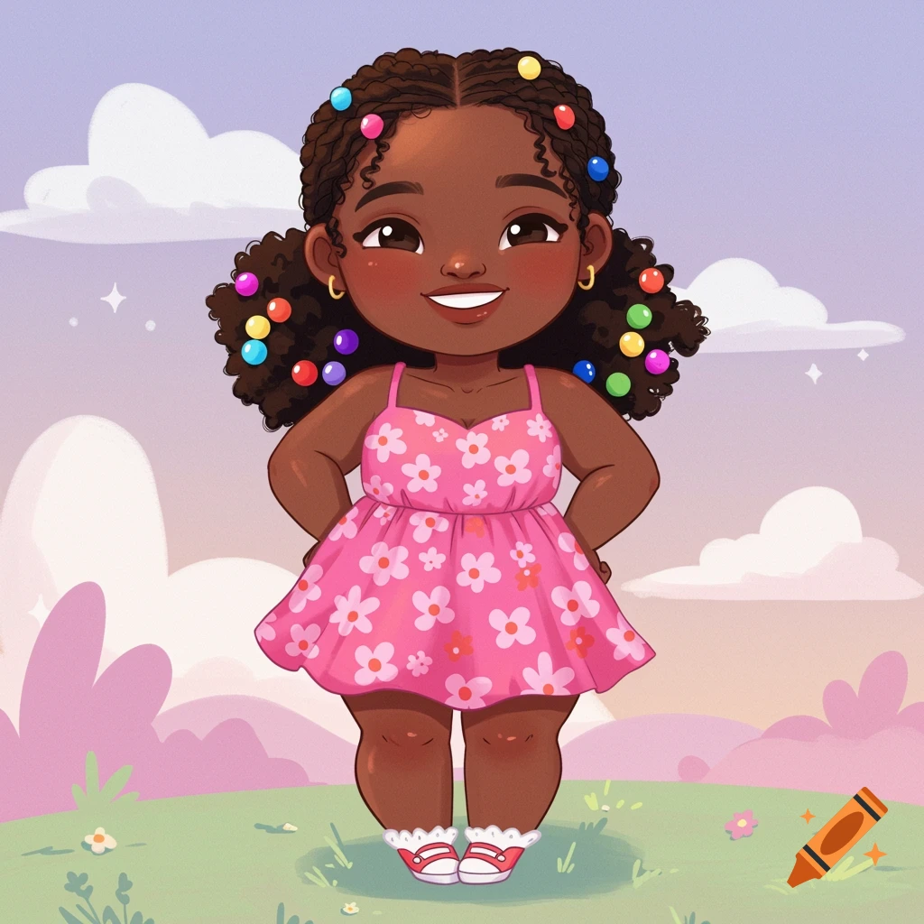 Cute cartoon Black girl in pink floral dress with colorful beads in braids, pastel landscape.