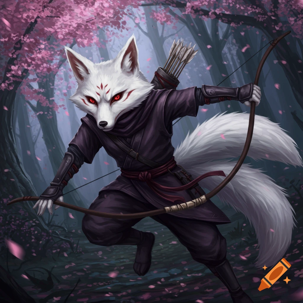 White fox ninja with red eyes holds a bow in a forest with pink cherry blossoms.