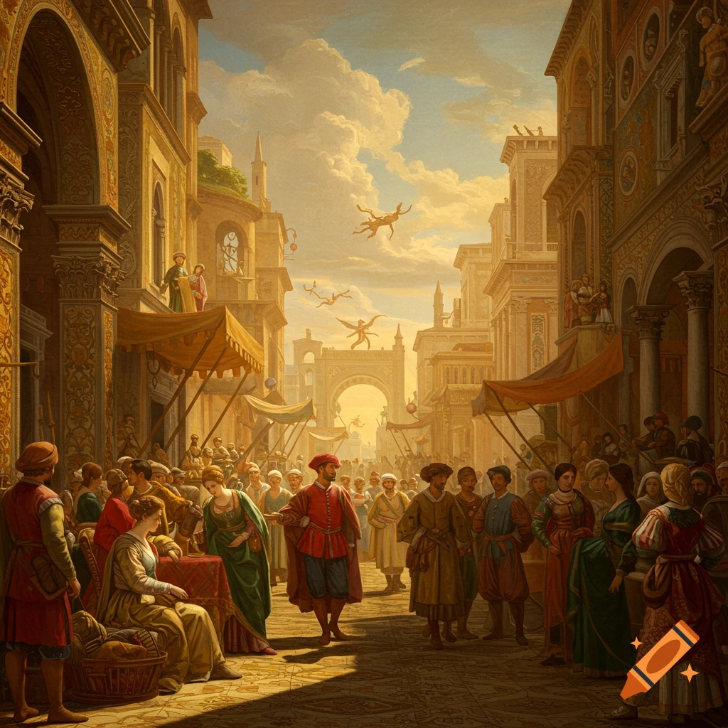 A busy renaissance street scene with detailed architecture and many people walking and gathered.
