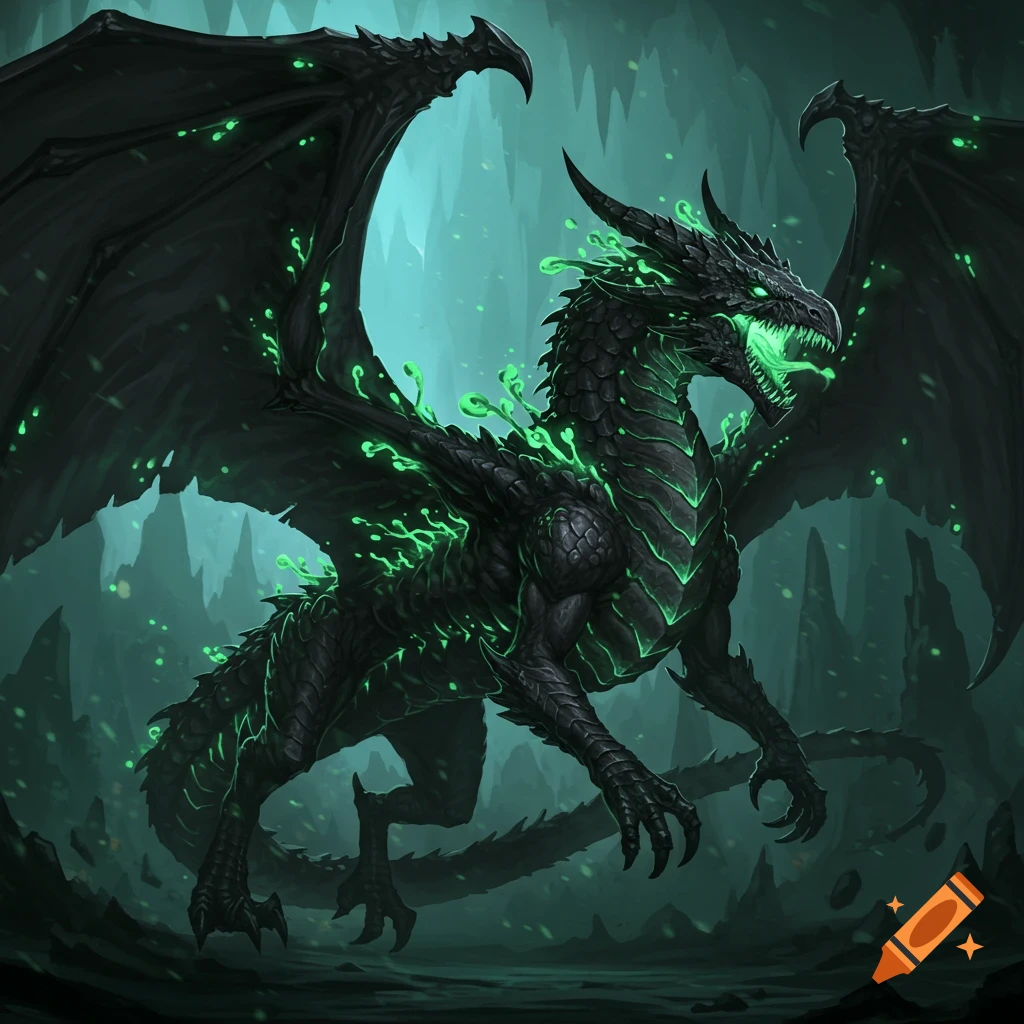 A black dragon with glowing green energy stands in a dark cave.