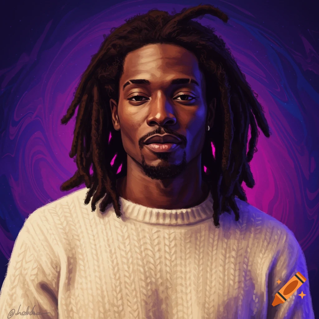 A man with dreadlocks wearing a white sweater stands against a purple and blue background.