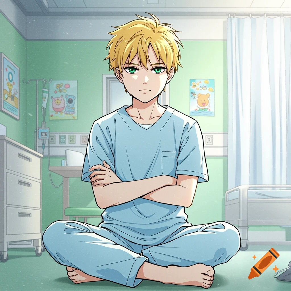 Manga style illustration of a blonde boy sitting cross-legged in a hospital room.