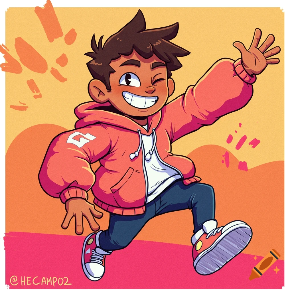 Cartoon illustration of a boy in an orange hoodie jumping or running with a wide smile and wink.