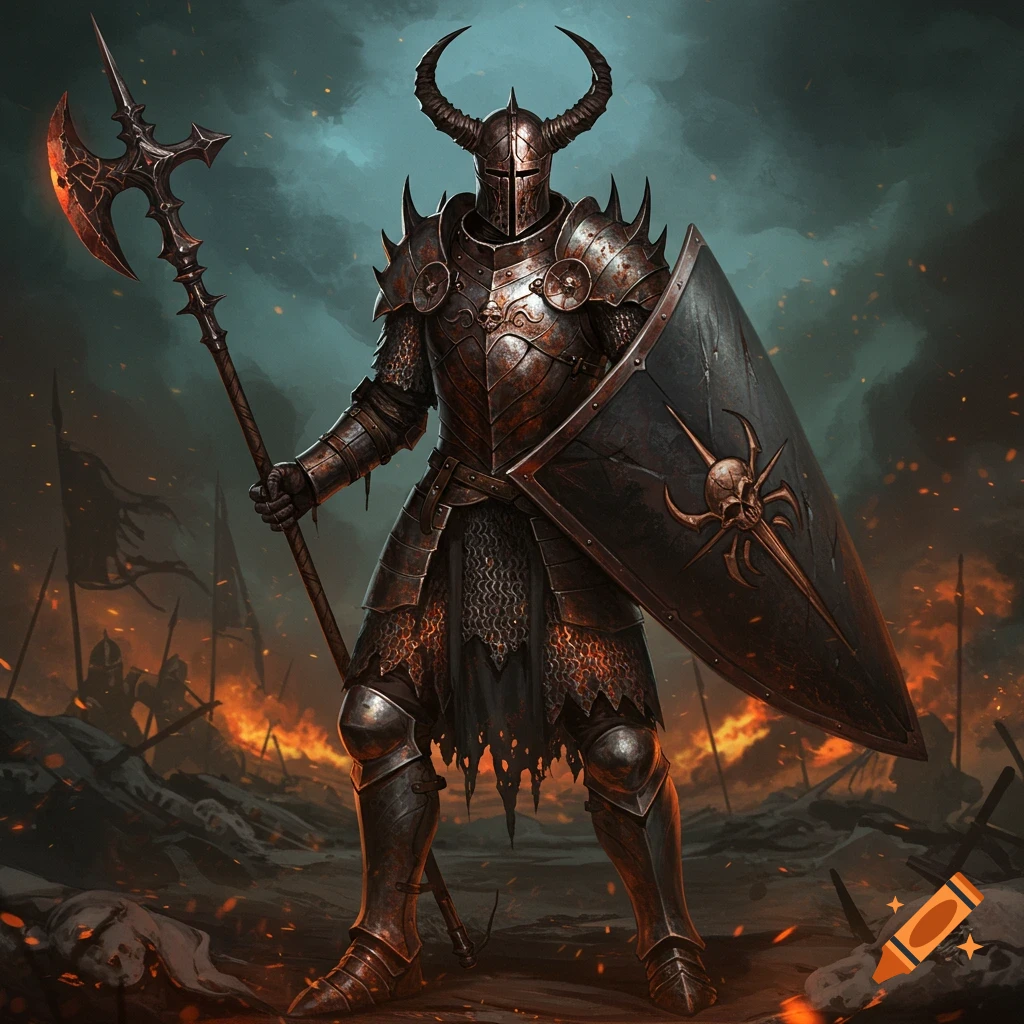 A horned knight in smoldering armor stands with a shield and halberd on a fiery battlefield.