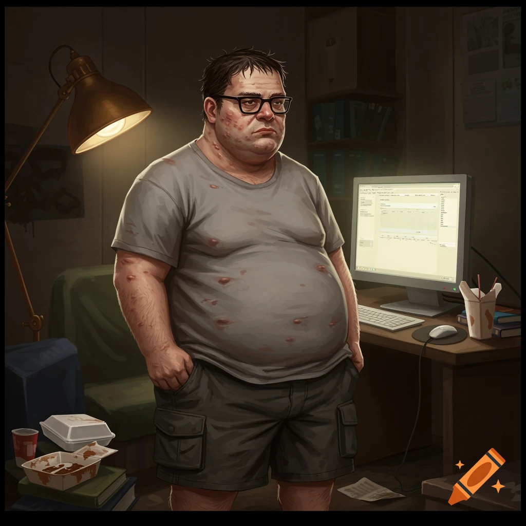 An overweight man with acne is standing next to a messy desk with a computer, takeout food, and books. He has greasy hair and glasses.