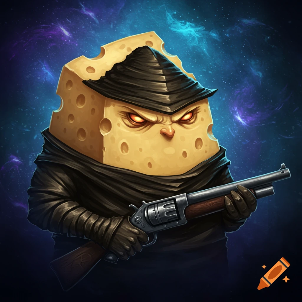An ominous piece of cheese dressed as a ninja, holding a gun against a galaxy background.