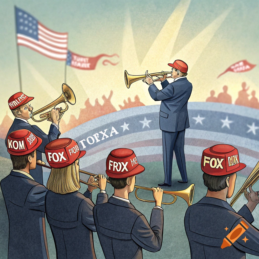 Illustration of people in suits and red hats playing trumpets, conducted by a figure in front of a US flag backdrop.