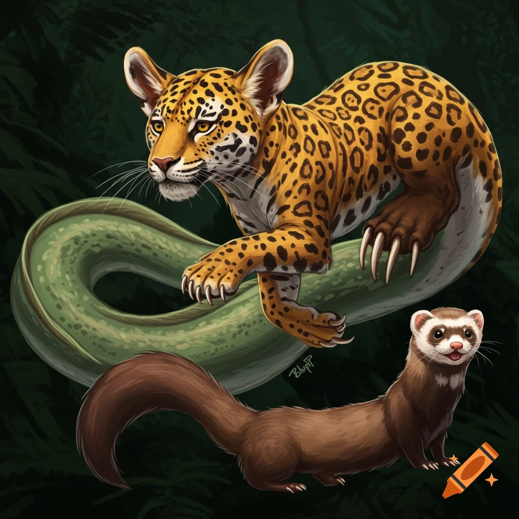 A jaguar-eel-bear hybrid creature and a ferret in a jungle.