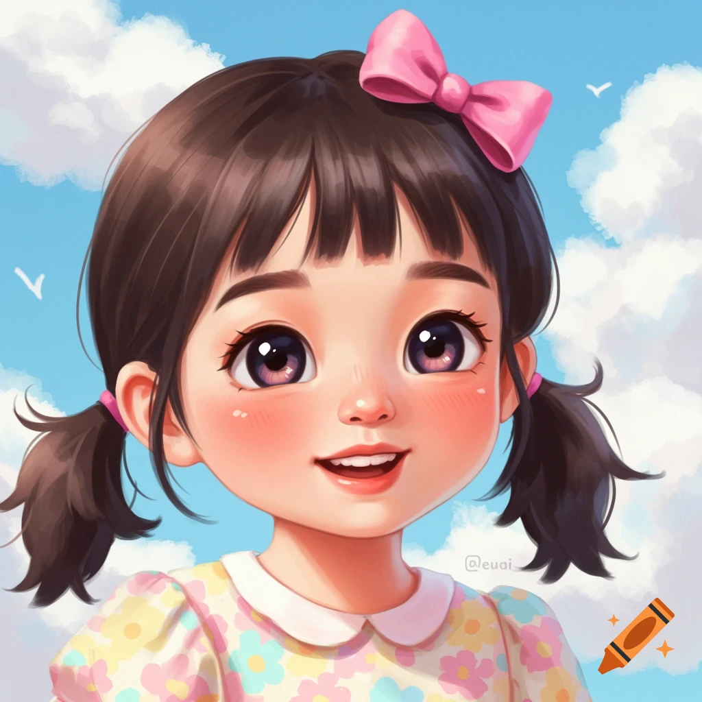 A cute young girl with pigtails and a pink bow smiles against a cloudy blue sky in an anime-inspired illustration.