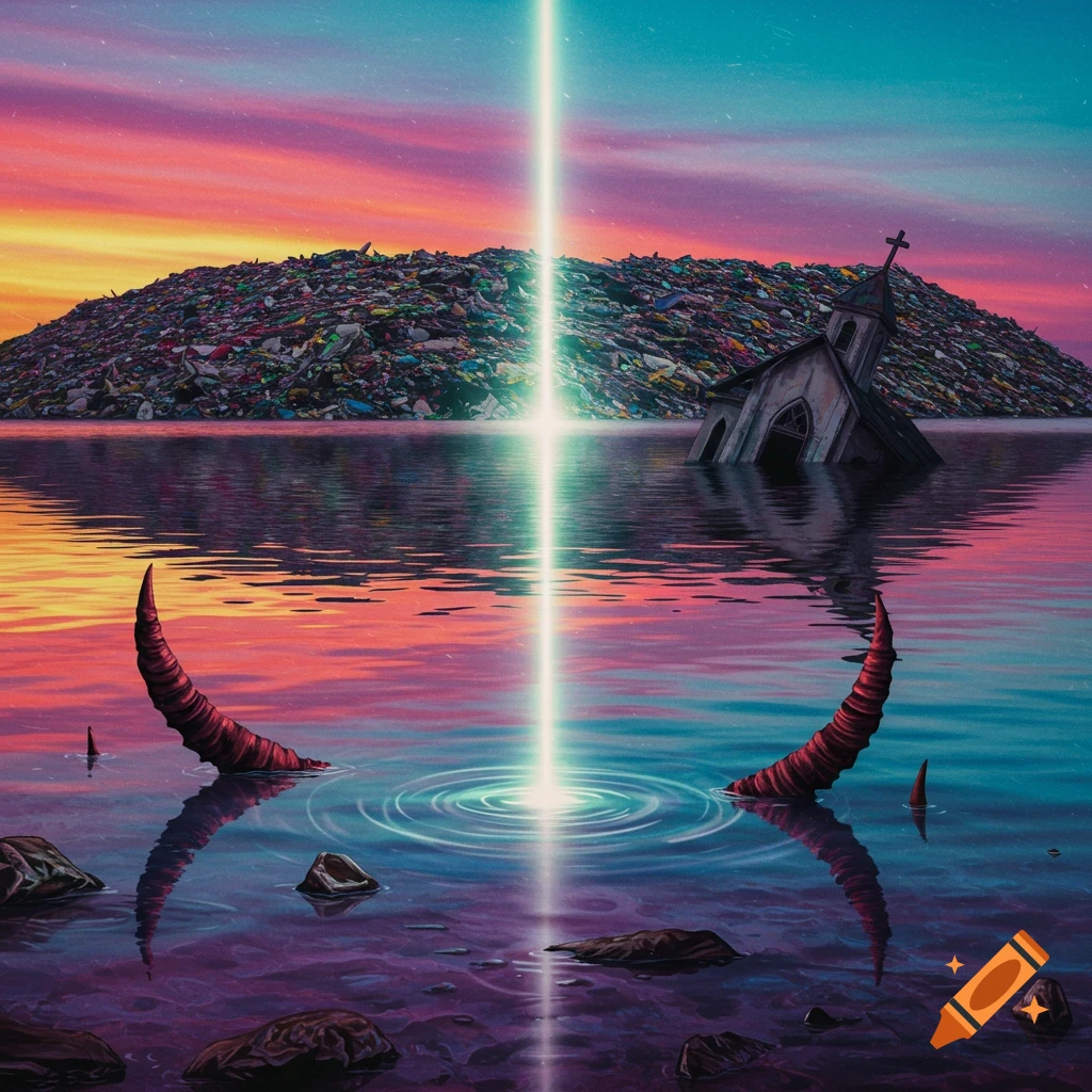 Surreal image of a trash pile, sinking church, and horns in water under a bright light beam.